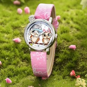 Orologio al quarzo rosa per bambine con gufi, ciondolo a corona e simboli matematici