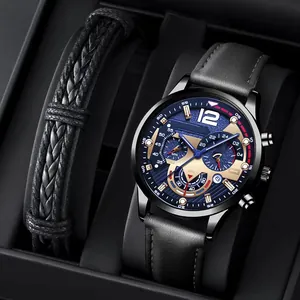 Classic business men's quartz watch with chronograph dial and leather bracelet set