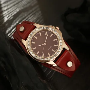 Women's quartz watch with red wide leather strap and rhinestone rose gold bezel