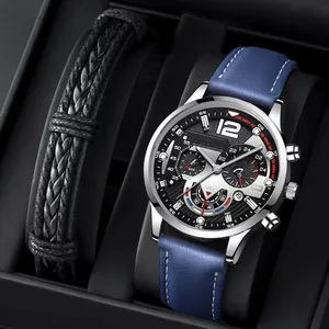 Classic men's quartz watch with blue leather strap and black woven bracelet set in a gift box