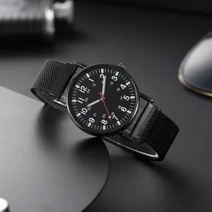 Men's minimalist luminous quartz watch with black Milanese strap and numeric dial