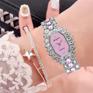 Luxury women's quartz watch with pink octagon dial and sparkling rhinestone bracelet set
