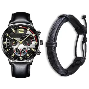 Close-up of classic business quartz watch with leather strap and woven bracelet set