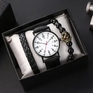 Men Quartz Watch With Leather Strap Luminous Pointer Fashion Casual Braided Bracelet Beads Crown Accessory For Men Jewelry