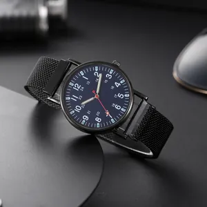 Minimalist black military quartz watch with blue dial and magnetic mesh strap for men