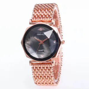 Orologio al quarzo da donna oro rosa con quadrante nero e vetro sfaccettato