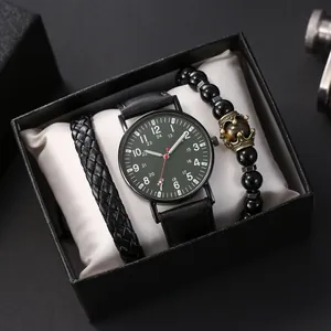 Men's gift set with army green quartz watch, black leather and beaded crown bracelets
