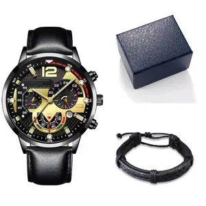 Classic men's quartz watch gift set with black leather strap and woven bracelet
