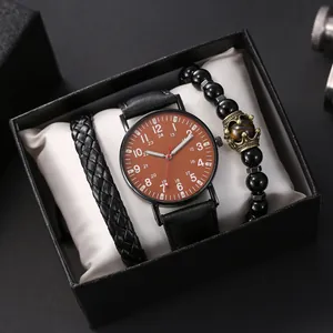 Men's retro quartz watch set with luminous brown dial and black leather bracelets