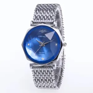 Orologio al quarzo donna con quadrante blu taglio diamante e cinturino argento