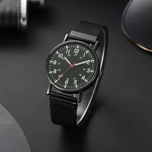 Men's Business Quartz Watch Alloy Case Milanese Mesh Magnet Strap Dual Scale Luminous Military Style Wristwatch