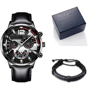 Classic men's business quartz watch set with black leather strap and woven bracelet