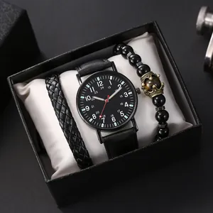 Men's gift set featuring a black leather watch and two matching beaded bracelets in a box