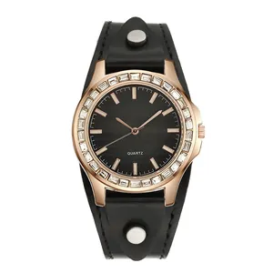 Women's quartz watch with rose gold diamond bezel and wide black leather strap