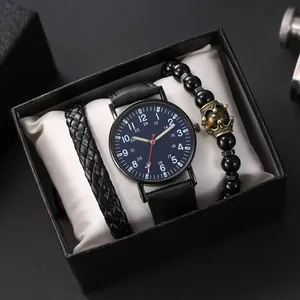 Men's fashion quartz watch set with black leather bracelet and crown beaded jewelry