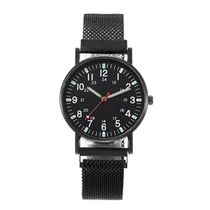 Men's casual black quartz watch with military dial and magnetic Milanese strap