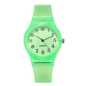 Neon green transparent silicone quartz watch for women with Arabic numeral markers