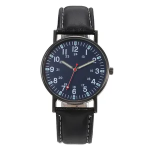 Detail of quartz watch with black leather strap, blue dual-time dial, and red second hand