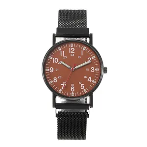 Minimalist quartz watch with dual numerals and black Milanese mesh magnetic strap