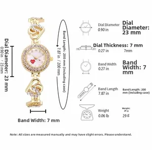Size guide for women heart-shaped gold watch and diamond bracelet set with dimensions