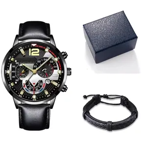Men Business Quartz Watch With Leather Strap Multi-Functional Dial Alloy Case Calendar Watch For Men And Braided Bracelet