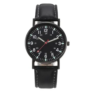 Minimalist men's quartz watch with black leather strap and 12/24-hour dual dial display
