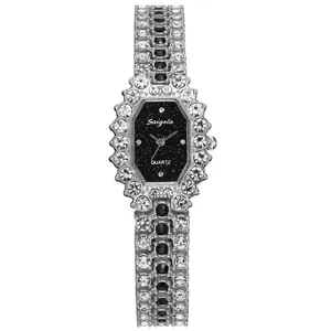 Luxury square quartz watch for women featuring octagonal rhinestone bezel and silver band