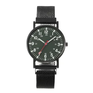 Green dial quartz watch for men with black stainless steel magnetic mesh band and 24h markers