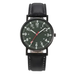 Military style men's quartz watch with dark green dial and black leather strap
