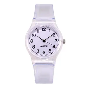 Minimalist women's quartz watch featuring a white dial and transparent silicone strap