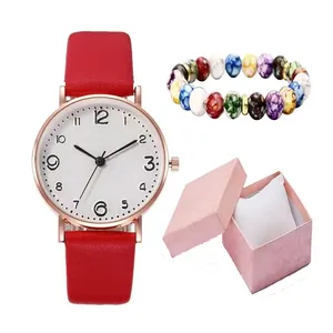Coffret cadeau comprenant une montre à quartz en cuir rouge et un bracelet en perles