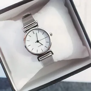 Elegant silver mesh strap ladies watch with minimalist white dial in a gift box