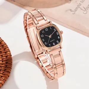 Montre élégante pour femme en acier inoxydable or rose et noir avec mouvement quartz