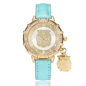 Fashion Women Owl Pendant Quartz Watch Alloy Rhinestone Bezel Glitter Leather Strap Casual Ladies Wristwatch Jewelry Gift