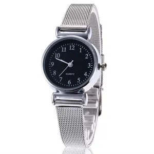 Elegant silver mesh strap quartz watch with minimalist black dial and Arabic numerals