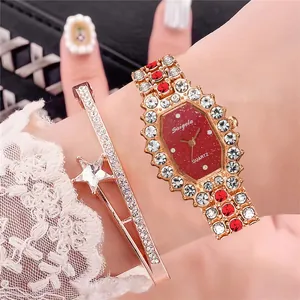 Women's octagonal quartz watch with red glitter dial and crystal starry bracelet set