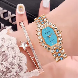 Women Luxury Fashion Quartz Watch And Bracelet Rose Gold Plated Rhinestone Alloy Glitter Dial Star Jewelry For Banquet Gift