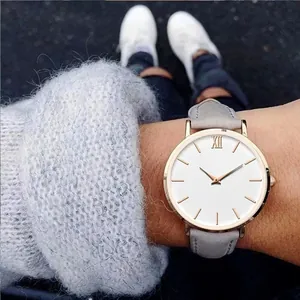 Close-up of a gold quartz watch with a white dial and grey leather strap worn with a sweater