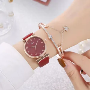 Elegant women's watch and bracelet set with rose gold case and red leather strap