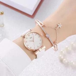 Elegant white leather ladies watch set with rose gold star bracelet and starry dial texture