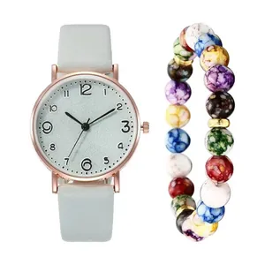 Montre à quartz minimaliste avec bracelet en cuir et ensemble de bracelets en perles