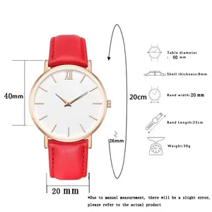 Detailed specs for 40mm minimalist quartz watch with red leather strap and gold case