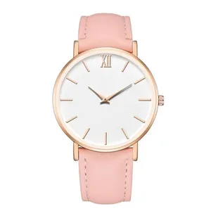 Minimalist women's quartz watch with pink leather strap and rose gold round metal case