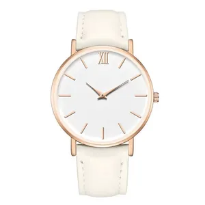 Minimalist quartz watch with white leather strap and rose gold case on white background