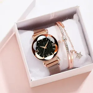 Detail of rose gold magnetic watch and starry sky dial with rhinestone bracelet gift set