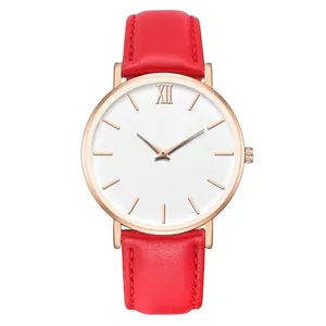 Elegant women's quartz watch with red leather strap and rose gold round metal case