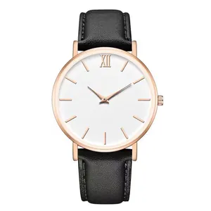 Minimalist quartz watch with black leather strap, rose gold case and Roman numeral dial