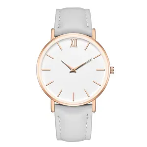 Minimalist quartz couple watch featuring rose gold case, white dial and light grey leather strap