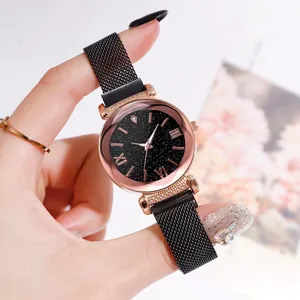 Elegant rose gold starry sky roman watch for women with magnetic black milanese band