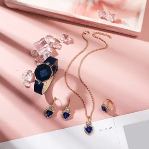 5-piece set featuring diamond heart jewelry and blue leather strap watch for women